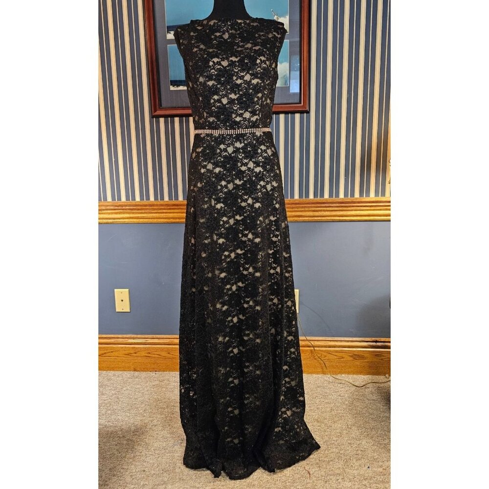Alex Evenings Black Lace Maxi Dress with Rhinestone Waist